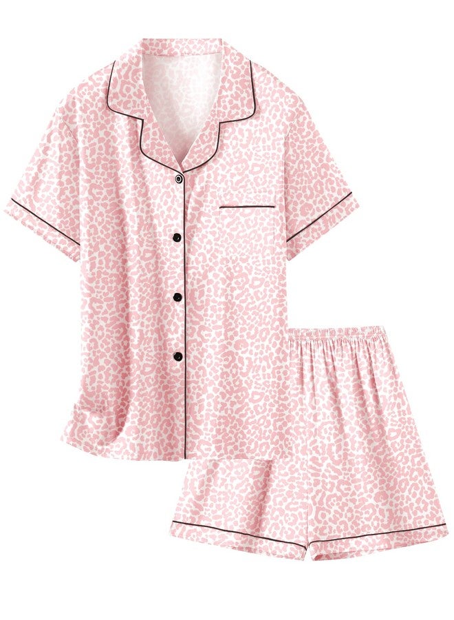 Schbbbta Satin Pajamas Sets for Girls, 2 Pcs Short Sleepwear Silk Button-Down Pj Set Loungewear, Bright Pink Leopard, 13-14 Years = Tag 170 - Image 1